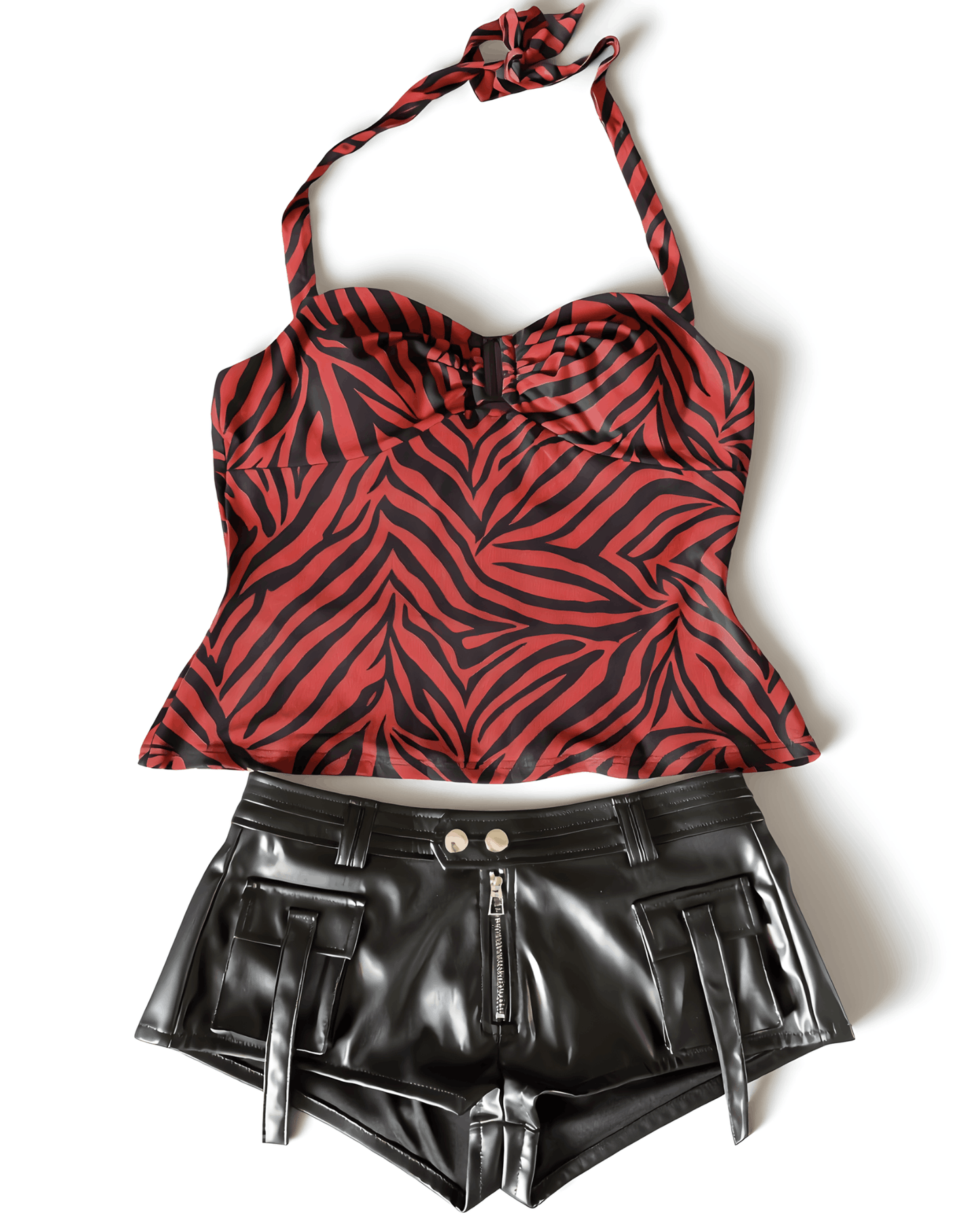 Flat lay product photo of The Onyx Look women's 2-piece set including a red zebra print halter top and black faux leather cargo shorts.